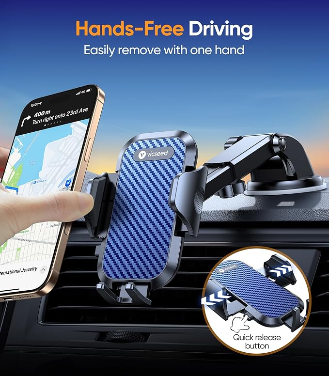 VICSEED Dark Blue Phone Holders for Your Car [Upgraded True Military-Grade Strongest Suction] Cell Phone Mount for Car Dashboard Windshield Vent Truck Boat Stand Adjustable for iPhone Android