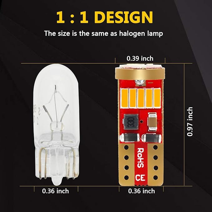 PHINLION 194 LED Bulb Amber Yellow Super Bright 168 2825 2827 T10 W5W Wedge LED Replacement Bulbs for Car License Plate Interior Dome Map Reading Courtesy Side Marker Lights, Pack of 2