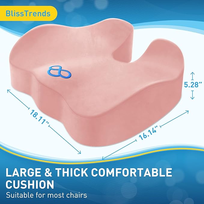 BlissTrends Seat Cushion,5.2in Thick Memory Foam Cushions for Office Chair, Car Seat, Airplane, Relieving Pressure Tailbone Sciatica Back Pain for Long Sitting Office Workers, Car Drivers Pink