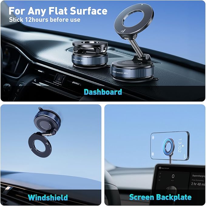 Magnetic Car Phone Holder Mount【Upgraded Anti-Loose-Arm Version】 360° Adjustable Nano Gel Vacuum Suction Cup Phone Holders for Your Car for MagSafe Cases iPhone 17-12 [108lbs & 3000gf]