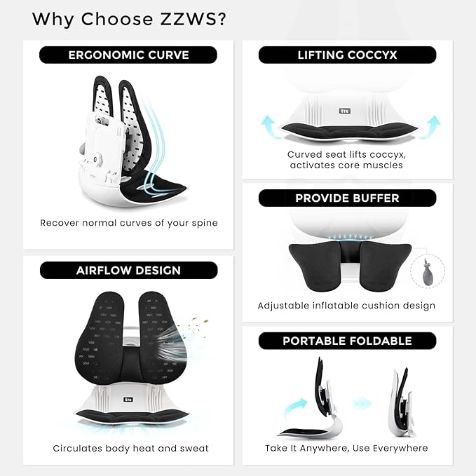 ZZWS Ergonomic Back Support for Office Chair, Foldable Lumbar Support Posture Corrector for Women, for Good Posture Correction, Lumbar Suppor for Floor Seat, Perfect for Home, Work, Office