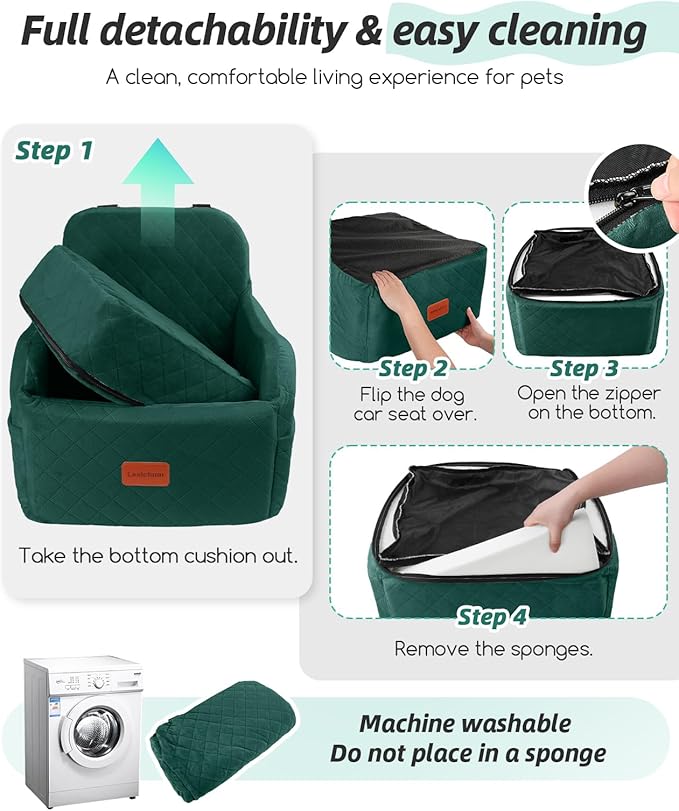 Dog Booster Car Seat for Small/Medium Dogs,6in Elevated Cushion,Fully Detachable and Washable,2 Storage Pockets & 3 Straps,Fits in Front/Back Seat,Easy to Install (Green,Medium)