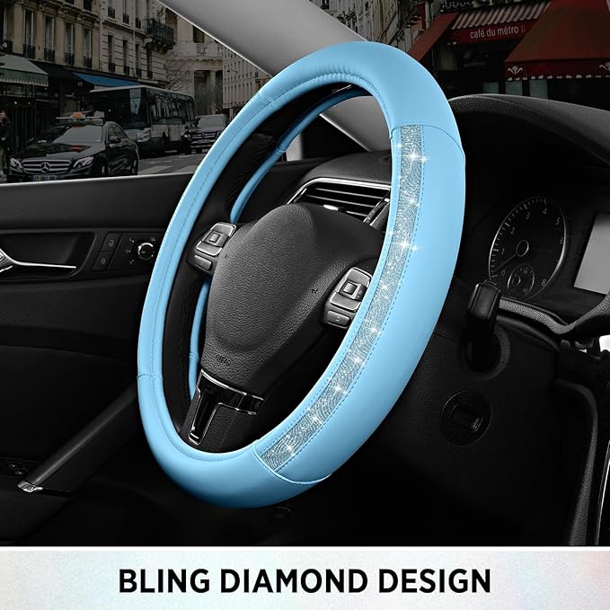 Road Comforts Steering Wheel Cover, Glitter Bling Leather Wheel Cover, Universal Fit 14.5"-15.5" Steering Wheels for Women & Girls, Anti-Slip Car Wheel Protector for Cars, Trucks, Vans, SUVs-Blue