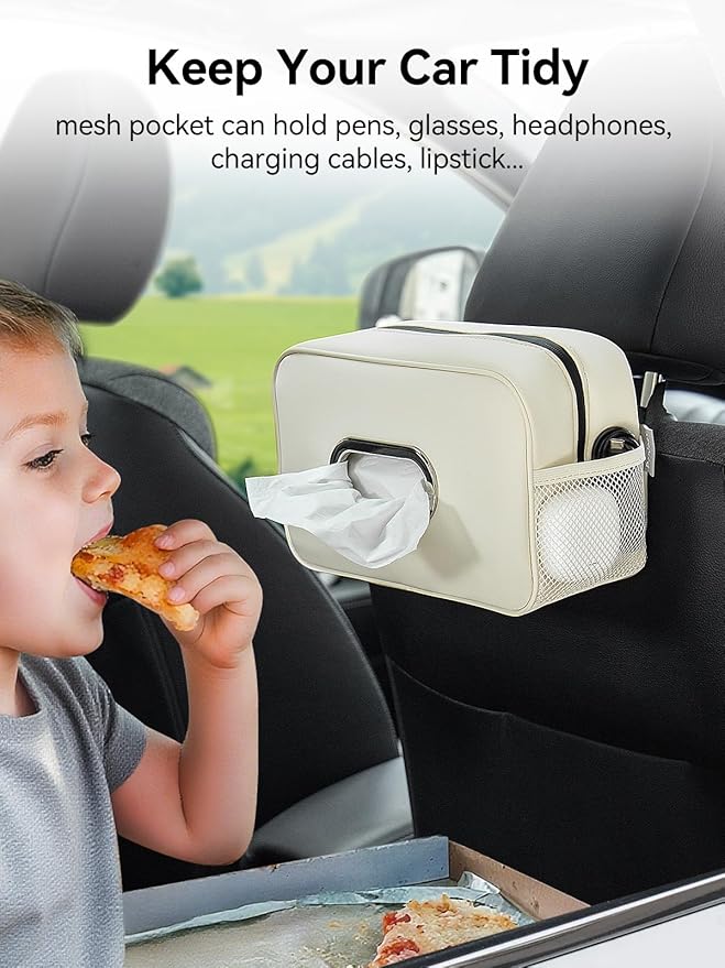Multi-Functional Car Tissue Holder with ‌2 Storage Nets, Upgraded PU Leather Tissue Box Cover, Large Rectangle Napkin Organizer, Fit for 100-150 Regular Size Tissues, Keep Car Tidy, Beige