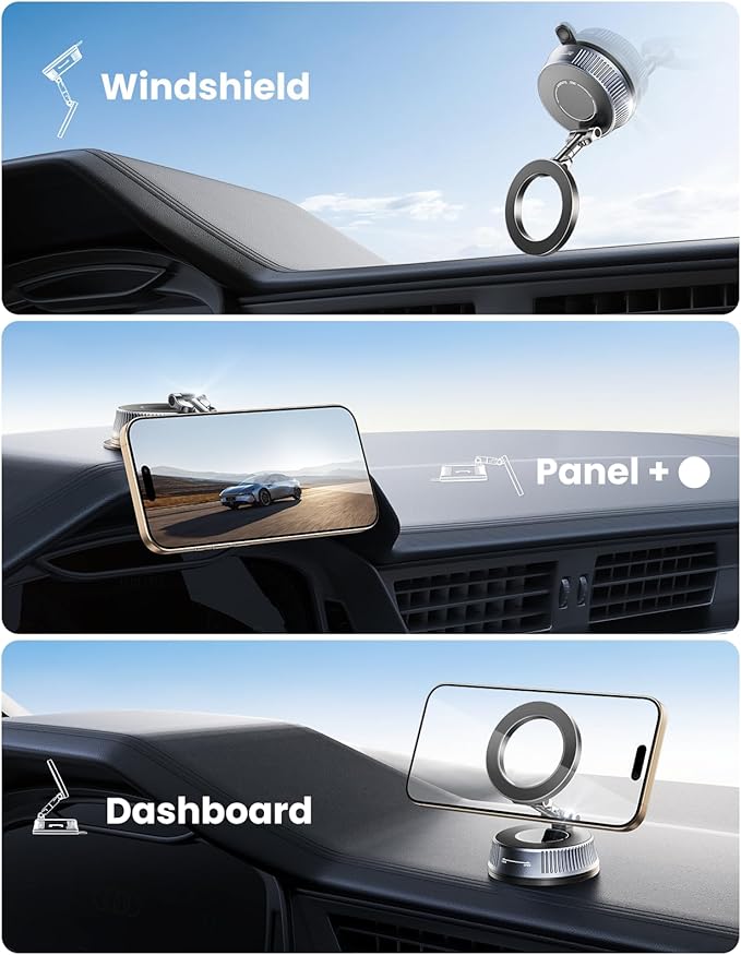 Magnetic Car Phone Holder with Suction Cup, [90LBS Vacuum Suction & 2800GF Strong Magnetic] Phone Holders for Your Car, 360° Adjustable Car Phone Mount for MagSafe, iPhone 17 16 15, Android