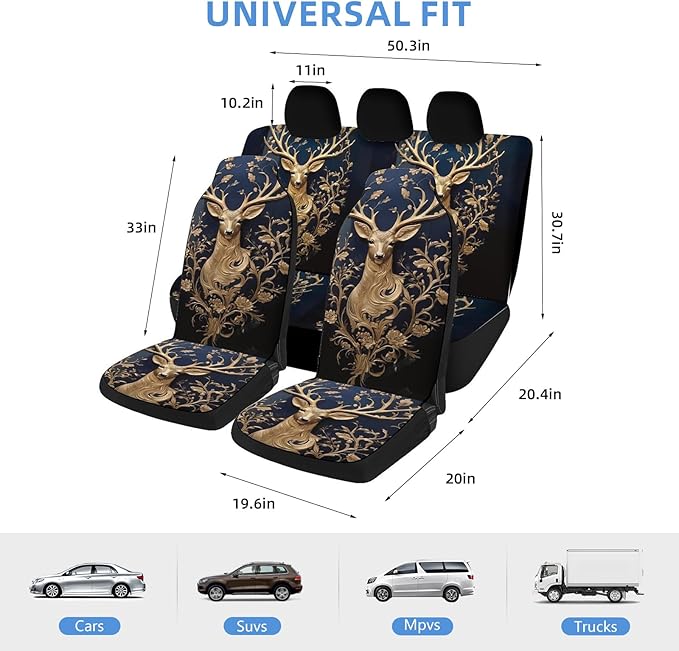 2 Pcs Premium Deer Car Seat Cover, Breathable & Washable Car Seat Covers Full Sets, Fashionable Printed Seat Covers for Cars Interior, Universal Fit for Most Cars, Sedan, Truck, SUV