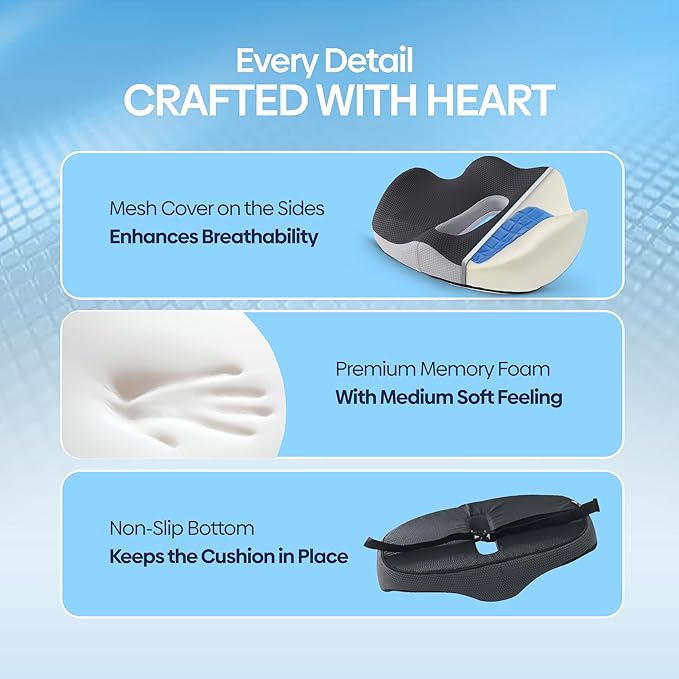 Gel Seat Cushion for Office Chair, Car, or Wheelchair — Orthopedic Memory Foam Pad with Cooling Gel for Tailbone, Sciatica, and Back Pain Relief