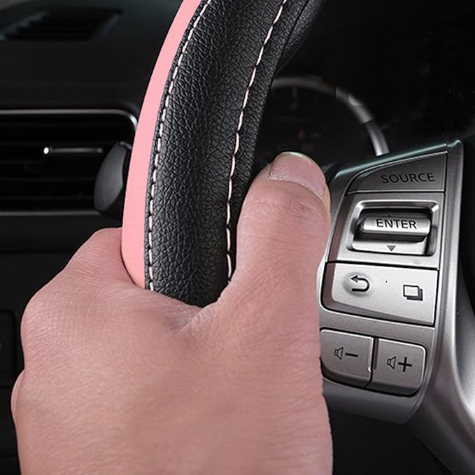 Leather Car Steering Wheel Cover, Non-Slip Car Wheel Cover Protector Breathable Microfiber Leather Universal Fit for Most Cars(Pink)
