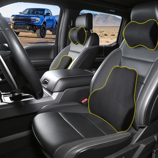Car Neck & Lumbar Support Pillow Set for Ford F150, Soft Memory Foam Headrest & Back Cushion, Ergonomic Comfortable Seat Support for Daily Driving and Long Trips Car Interior Accessories