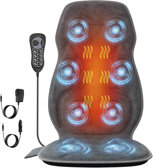 Back Massager with Soft Plush Fabric Cover, Massage Seat Cushion with 8 Vibration Motors & 2 Heating Levels, Chair Massager for Recliner, Office Chair, Sofa Use, Gifts for Dad Mom
