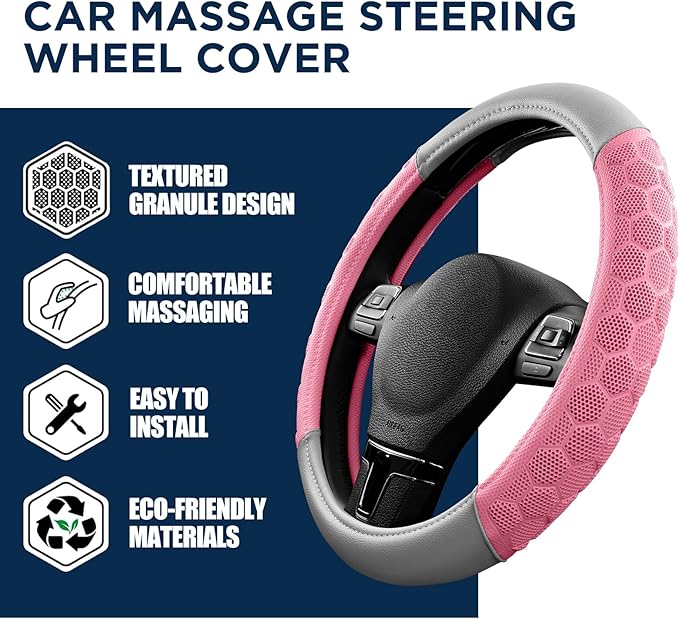 PIC AUTO Massage Steering Wheel Cover, Pink Football Pattern Material Spliced & Gray Leather Car Steering Wheel Cover, Car Steering Cover, Universal Fit 14.5"-15.5" for Cars, Trucks, Van, SUVs