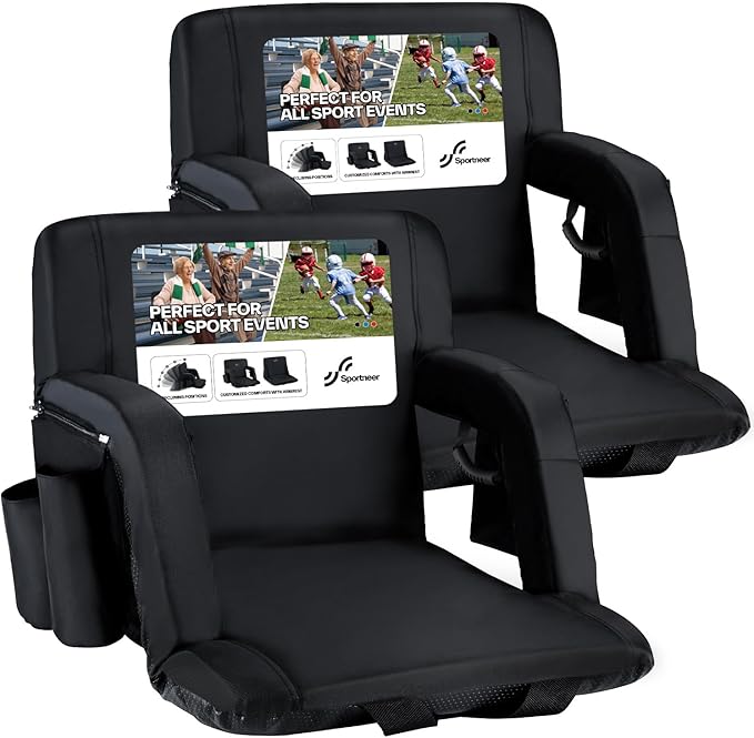 Sportneer Stadium Seats with Back Support: 2.5'' Thick Comfy Cushion 6 Adjustable Angle Bleacher Seat with Armrest - 2 Large Pockets, 2 Cup Holders Stadium Chair for Sport Events Concerts Parks