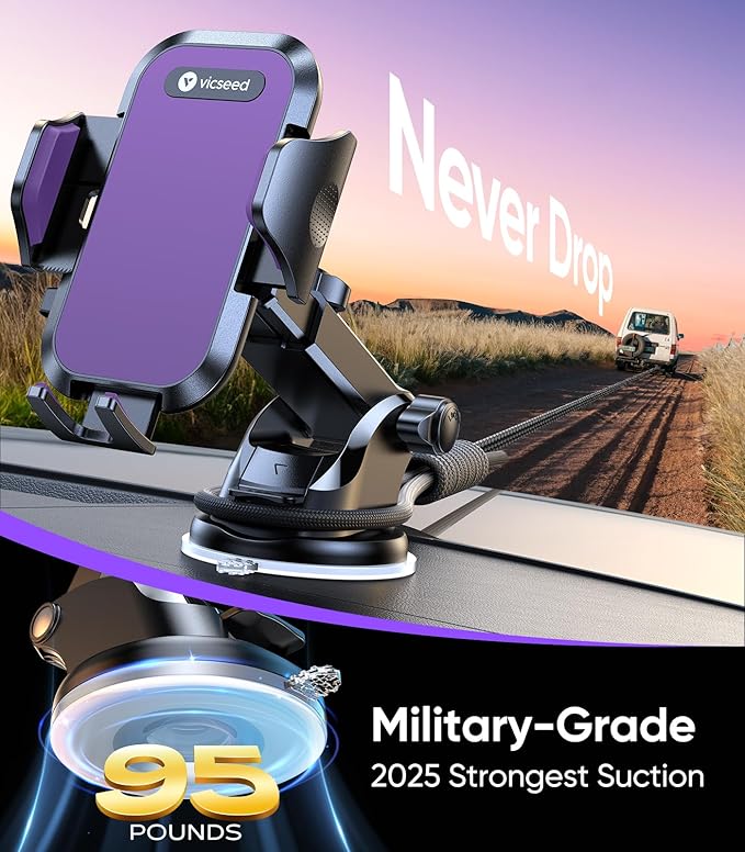 VICSEED Purple Phone Holders for Your Car [Upgraded True Military-Grade Strongest Suction] Cell Phone Mount for Car Dashboard Windshield Vent Truck Boat Stand Adjustable for iPhone Android