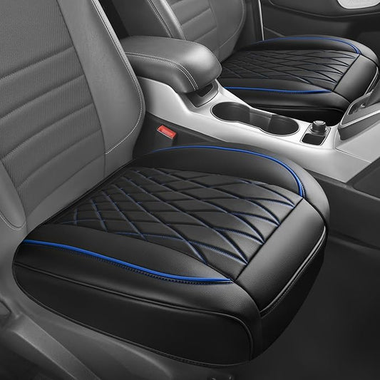 CAR PASS 2 Pack Leather Front Car Seat Covers, Bottom Seat Covers Full Wrapped with Storage Pocket, Anti-Slip PU Seat Protectors,Waterproof Seat Cushion Pad Universal Fit Sedan SUV Truck, Black/Blue