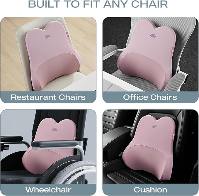 Skechers Air-Cooled & Memory Foam Lumbar Pillow,Lumbar Support Pillow for Office,Chair Lower Back Pain Relief Lumbar Pillow,Ergonomic Design Back Support Pillow for Office Chair,Car,Home,Travel,Pink