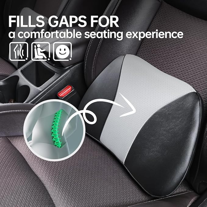 1p Memory Foam Lumbar Support Pillow for car Lower Back Pain Relief - Back Cushion for Driving, Chair Support for Car-Office Chair（Black&Grey）