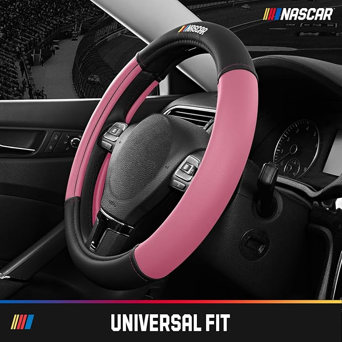 NASCAR Steering Wheel Cover, Two-Tone Pink Leather Patchwork, Universal Fit 14.5"-15.5" Steering Covers for Cars, Anti-Slip, Soft Grip, Odor-Free, Trucks & SUVs, Racing Style Interior Upgrade