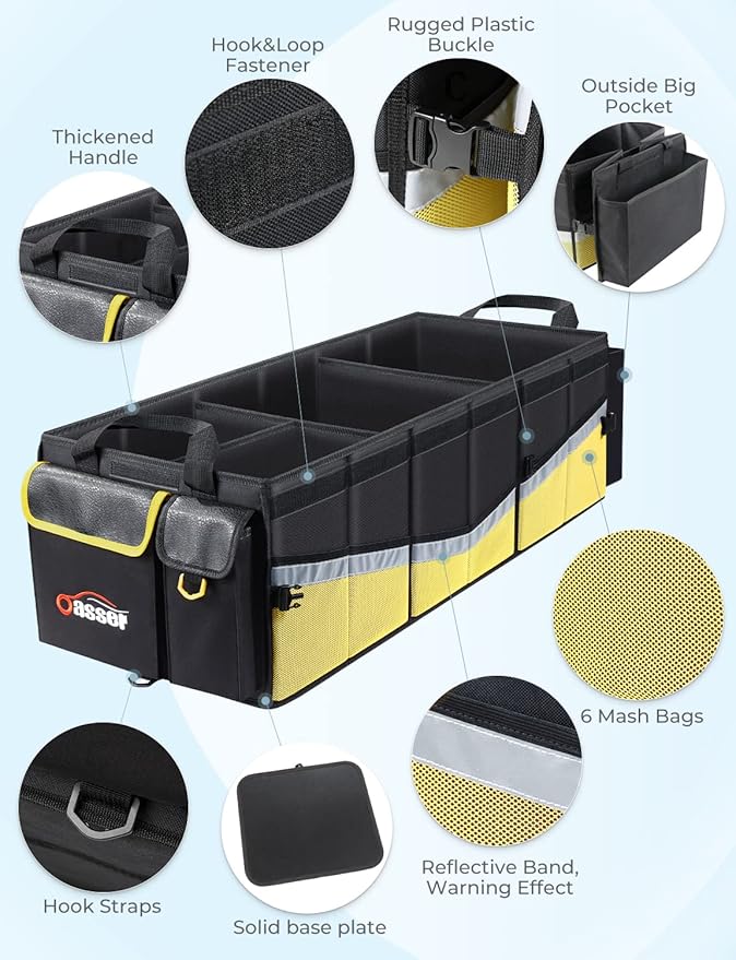 Oasser Trunk Organizer with Cooler Bag 95L, Bearing 110lb No Deformation, Collapsible with Multi Compartments, Removable Insulated Bag, Lid, Non Slip Bottom, 2 Adjustable Straps (Black&Yellow)
