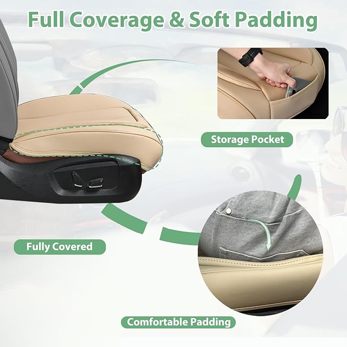 2 Pack Front Car Seat Cover Bottom Only Faux Leather, Anti-Slip Padded Seat Cushion, Full Wrap Seat Protector with Storage Function Fit 95% Cars, SUV, Pick-up Trucks (Beige)