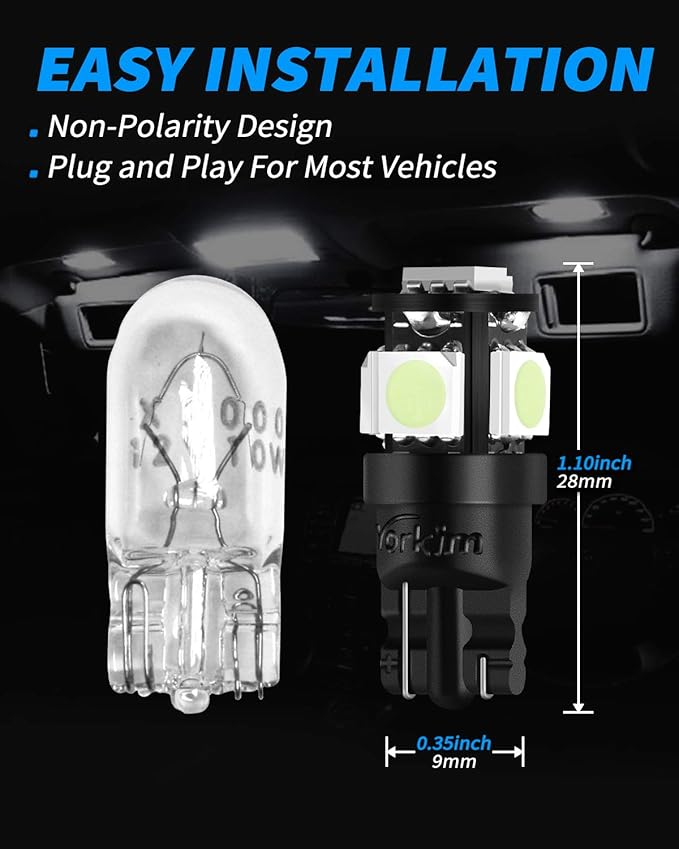 Yorkim 194 LED Bulbs Ice Blue Super Bright 5th Generation, T10 168 LED Bulb for Car Interior Dome Map Door Courtesy License Plate Lights W5W 2825, Pack of 10