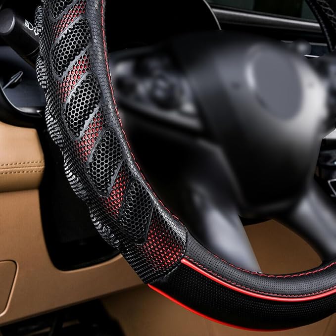 Flying Banner car Steering Wheel Cover Faux Leather Massage Universal fit 3D Honeycomb Hole Anti-Slip Sporty 15 Inches (Red Black)
