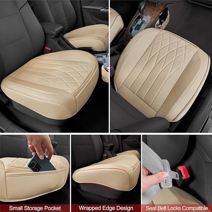 2 Pack Leather Front Car Seat Cover Bottom Car Seat, Universal Anti-Slip Driver Car Seat Protectors with Storage Pocket, Waterproof Bottom Auto Seat Cushion Pad Mat for Most Vehicles(Yellow Beige)