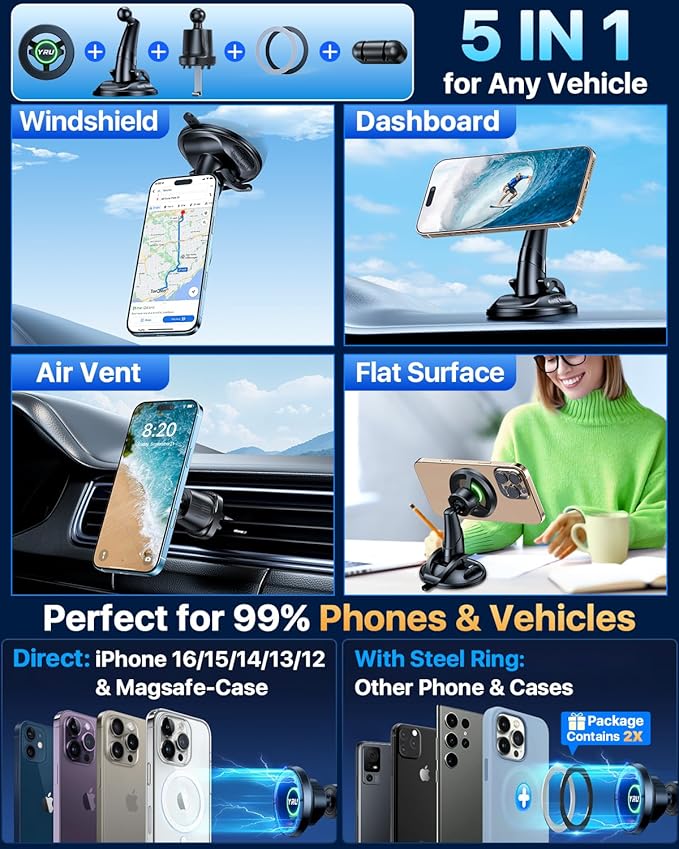 YRU [Truely Upgrade & Patent] Car Phone Holder for Magsafe [98+LBS Strongest Suction & Enhanced Magnetic] Dashboard Car Mount Windshield Vent Phone Stand for iPhone 17/16/15/14/13/12 Pro Max, Black