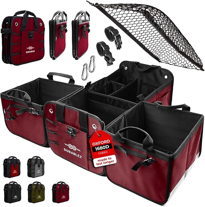 4-Section Trunk Organizer for SUV, Truck, Van, Sedan – Modular Extra Large Cargo Bin, Detachable Car Trunk Storage with Dividers, Collapsible Auto Organization System – Cherry