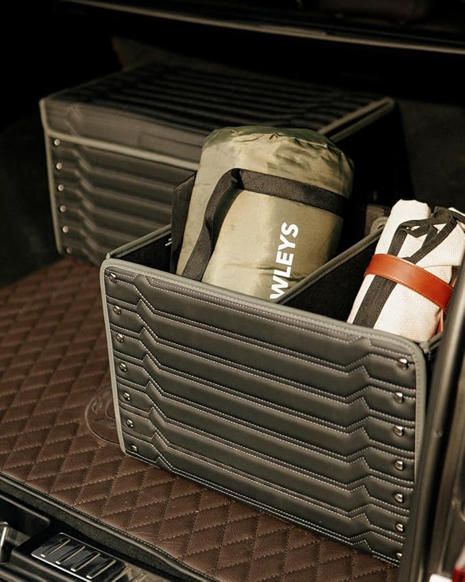 Owleys Car Caddy Organizer Set - 17.7" + 21.6" SUV Trunk Organizer Bundle For Road Trips, Groceries & Tools - Foldable Crates With Magnetic Lids - Stylish Gift For Men - Black Highway