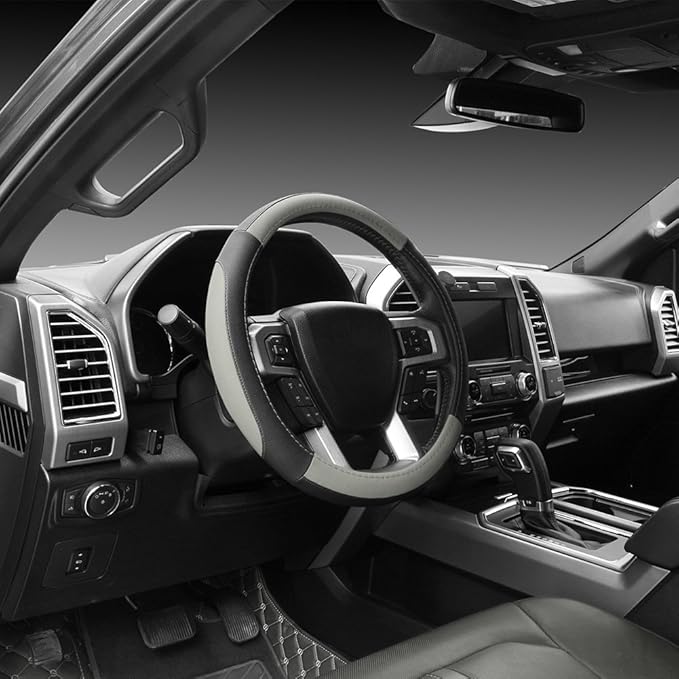 SEG Direct Car Steering Wheel Cover for F-150 Tundra Range Rover 15.5-16 inch, Black and Gray Microfiber Leather