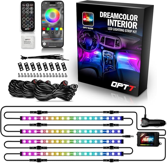 OPT7 Aura DreamColor RGB-IC LED Car Interior Light Strips, 4PC Interior Ambient Lighting Kit, Color Chasing Light Kit w/APP Control & Wireless Remote, Universal for Vehicles SUV Trucks Pickups Van