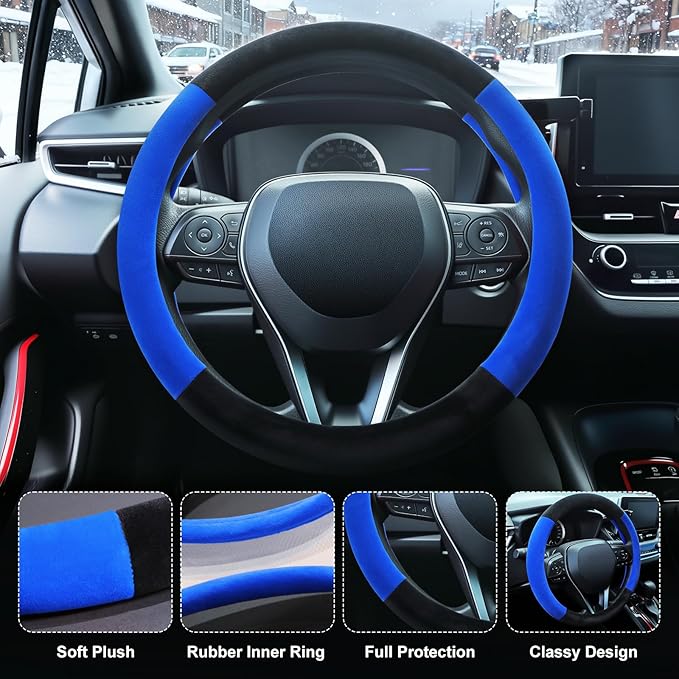 SEG Direct Steering Wheel Cover for Car, Standard Size 14.5-15 inch, Auto Interior Accessories, Warm Plush, Summer Winter, Black and Blue