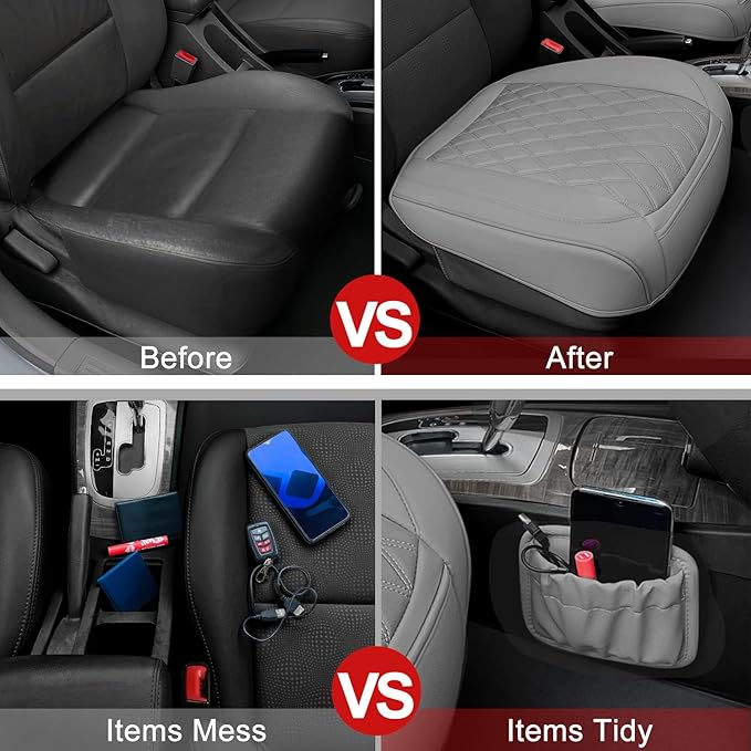 2 Pack PU Leather Front Car Seat Cover Bottom Car Seat, Anti-Slip and Full Wrap Driver Car Seat Protectors with Storage Pocket, Luxury Waterproof Bottom Auto Seat Cushion Pad for Most Vehicles(Gray)