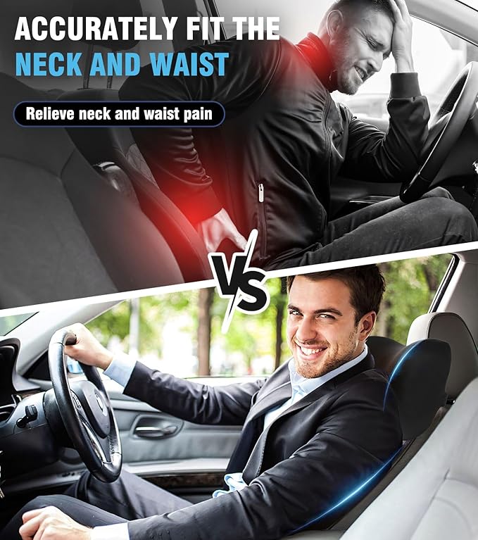 2025 New Car Headrest Pillow Set – The car Neck Pillow is as Soft as a Marshmallow, and The Lumbar Support Pillow for car can Soothe Lumbar Fatigue. Relieve Your Driving Tiredness. (Black)