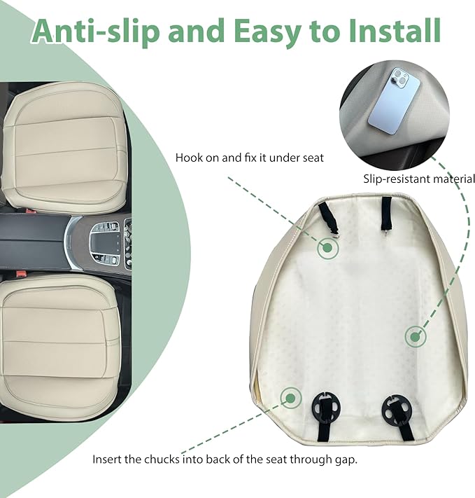 2 Pack Leather Front Car Seat Cover Bottom Only, Anti-slip Padded Seat Cushion, Full Wrap Seat Protector with Storage Function Universal Fit for Most Cars, SUV, Pick-up Trucks (Light Beige)