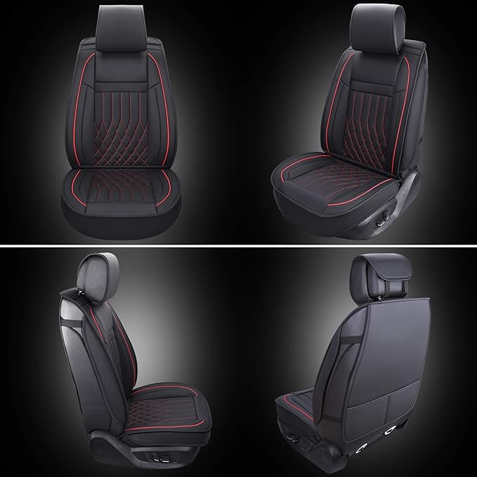 Aierxuan 2pcs Car Seat Covers Front Set with Waterproof Leather, Airbag Compatible Automotive Vehicle Cushion Cover Universal Fit for Most Cars (Black and Red)