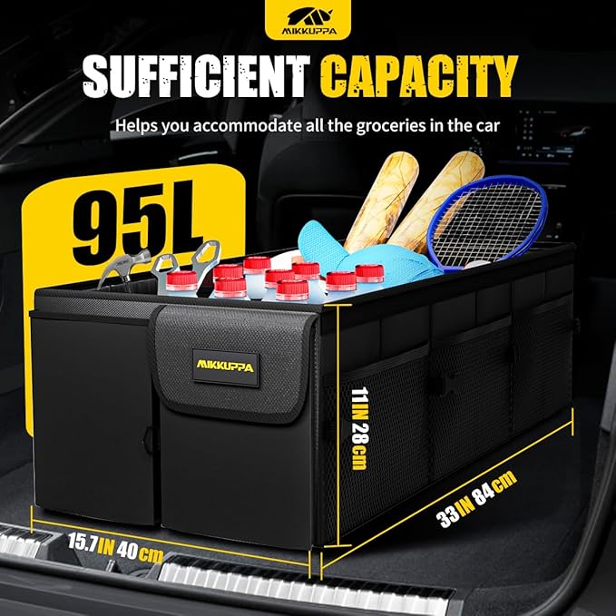 MIKKUPPA Car Trunk Organizer with Cooler - 95L Collapsible Trunk Organizer with Lid, Trunk Storage Organizers for SUV Truck Van with Adjustable Straps and Non Slip Bottom (Black, X-Large with Cooler)