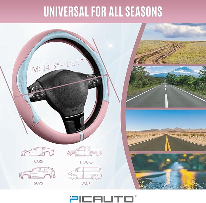 PIC AUTO Steering Wheel Cover, Light Blue Patterned & Pink Leather Patchwork Design, Universal Fit 14.5"–15.5", Anti-Slip, Odor-Free, Soft Grain Leather, Durable Grip Car Accessory for Girls & Women