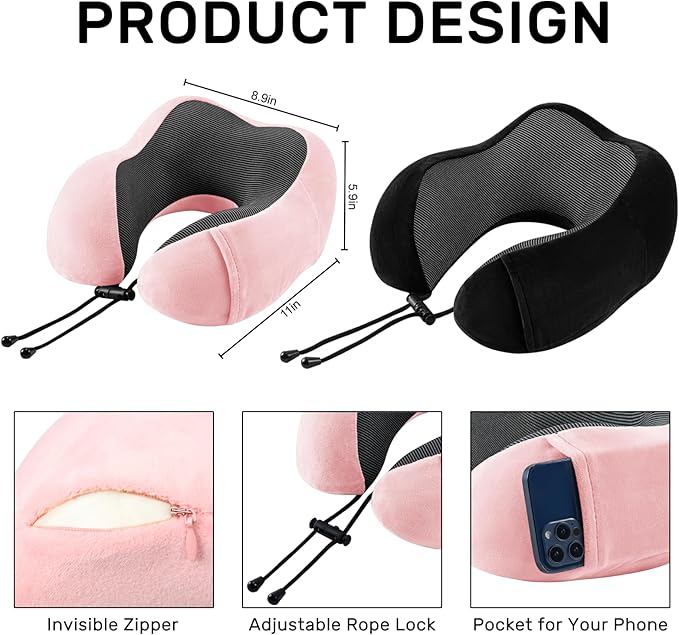 Neck Pillow Airplane-2 Pack Memory Foam Travel Pillow, Soft Support Travel Neck Pillow for Travelling, Sleeping Rest, Car, Train and Home Use (Black&Pink)