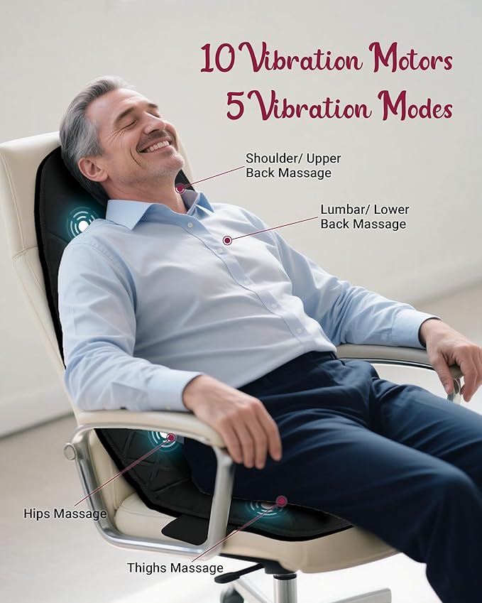 Vibraiton Back Massager for Chair, Massage Seat Cushion, Back Massage Pad with Heat,10 Vibration Motors,5 Vibration Modes,Chair Massager at Office/Home