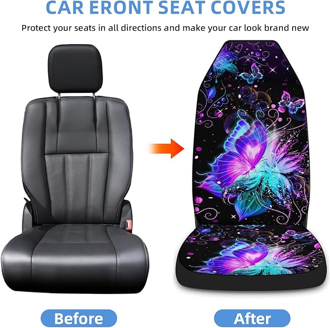5 Pcs Premium Purple Butterflies Car Seat Cover, Breathable & Washable Car Seat Covers Full Sets, Fashionable Printed Seat Covers for Cars Interior, Universal Fit for Most Cars