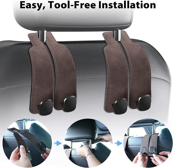 Car Seat Hooks 2 Pack, Leather Headrest Hooks for Car with Double-Hook Design, Durable Headrest Hook Bag Holder Purse Hanger, Organizer for Seat Back in SUV, Truck, Vehicle, Brown