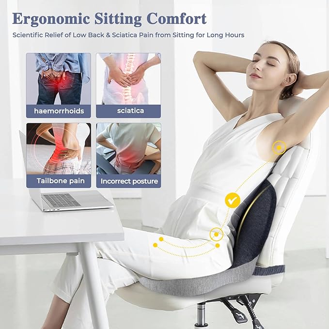 Ergonomic Seat Cushion with Adjustable Strap, Memory Foam Office Chair Seat Cushion with L-Shaped Design, Car Seat Cushion Fits for Truck Driver Semi Truck, Gaming Chair, Desk, Light&Dark Gray