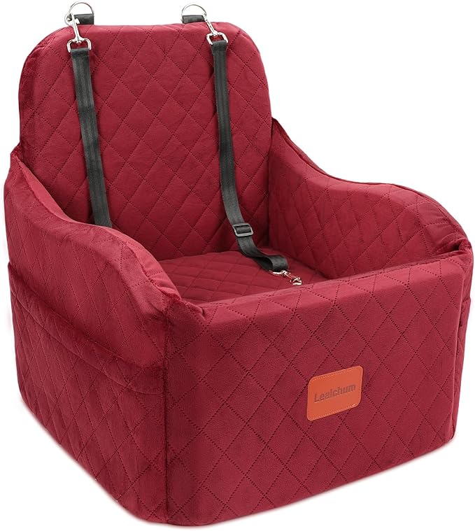 Dog Car Seat for Small/Medium Dogs,6in Elevated Cushion,Fits in Front/Back Seat,Fully Detachable and Washable,2 Storage Pockets,Easy to Install (Red, Medium)