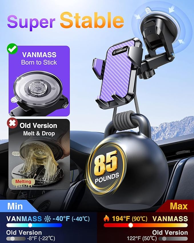 VANMASS 【85+LBS Strongest Suction & Military-Grade】2026 Ultimate Car Phone Mount【Patent Safety Certs】Cell Phone Holder Truck Stand Dashboard Windshield Vent for iPhone 17 16 15 Pro Max 14 for Samsung