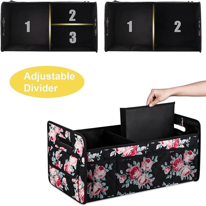 JiatuA Car Trunk Organizers and Storage for SUV, Collapsible Multi Compartment Container Box Adjustable Car Accessories for Women Men, Black Floral