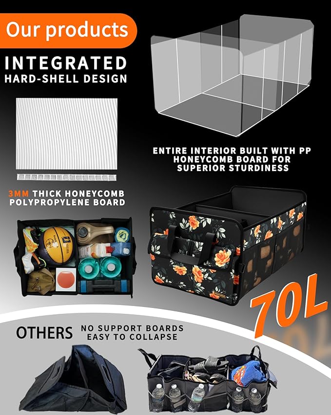 Sturdy Car Trunk Organizer – Large Capacity Trunk Organizer for SUVs & Sedans, Hard-Shell One-Piece Design with Cute Print, Collapsible and Durable Car Organizers (Flower 70L)