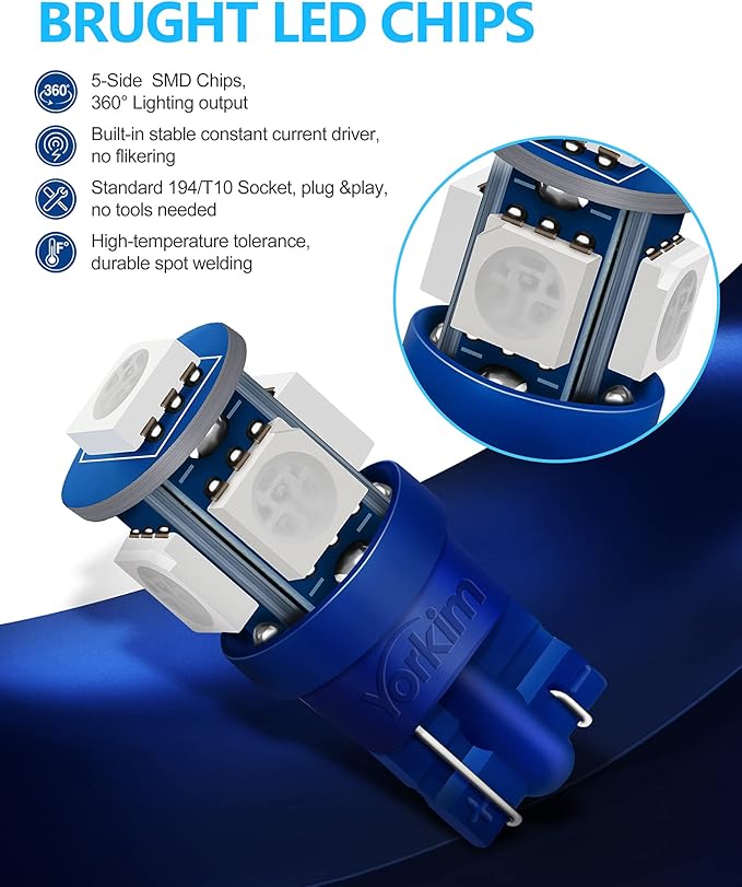 Yorkim 194 LED Bulbs Blue Super Bright New 5th Generation, T10 LED Bulbs, 168 Bulb for Car Interior Door Courtesy Dome Map License Plate Lights W5W 2825, Pack of 10