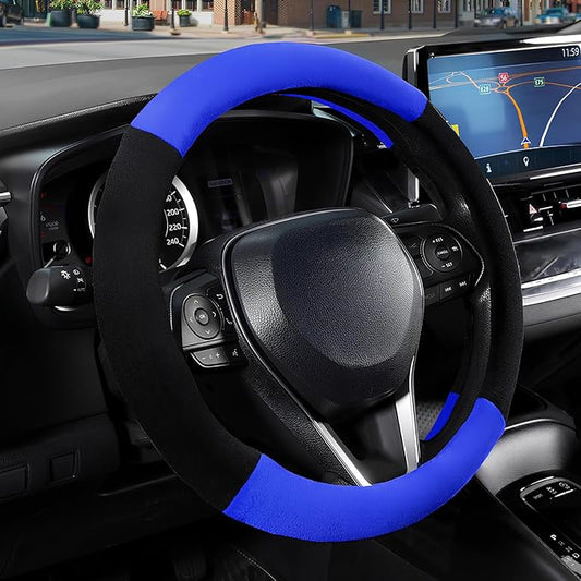 SEG Direct Steering Wheel Cover for Car, Standard Size 14.5-15 inch, Auto Interior Accessories, Warm Plush, Summer Winter, Black and Blue