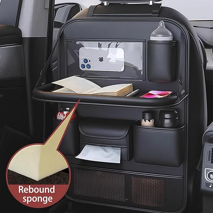 Foldable Car Table for Backseat Headrest with Big Pockets Waterproof Leather, Back Seat Car Organizer with Tray, Seat Organizer for Backseat